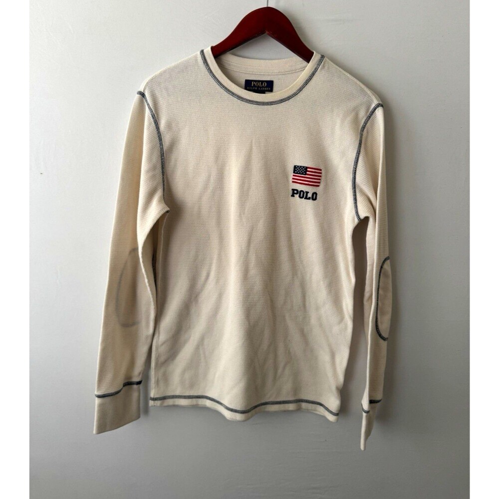 Polo Ralph Lauren Men’s M Beige Waffle Knit Pajama Top Long Sleeve USA Flag